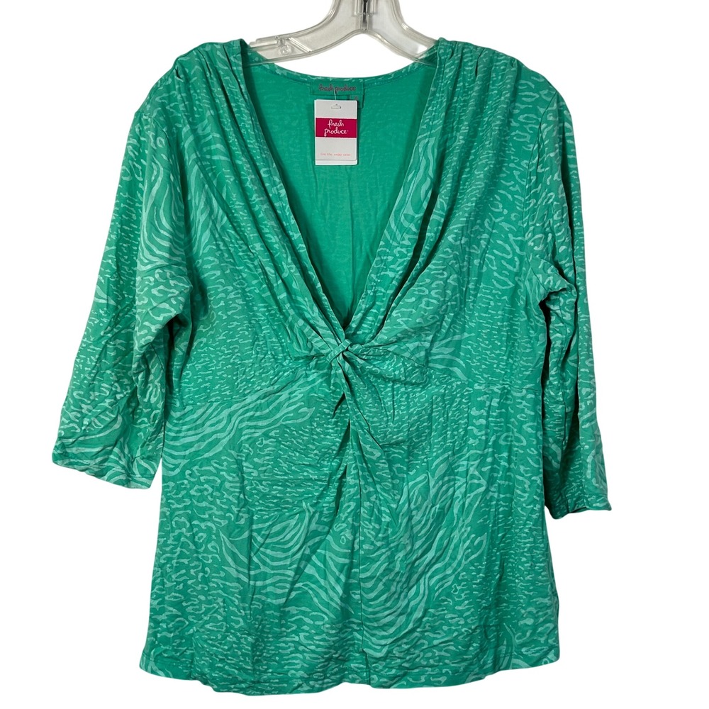 Fresh Produce Tunisia Twist Front Top Green Animal Print 3/4 Sleeve NWT XL 21539